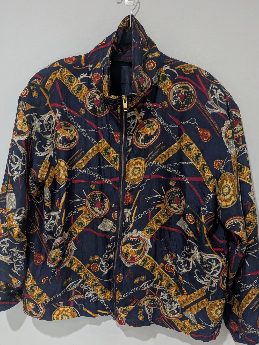 Vintage Studio Sportif 100% Silk Baroque Chain Print Bomber Jacket Size Medium